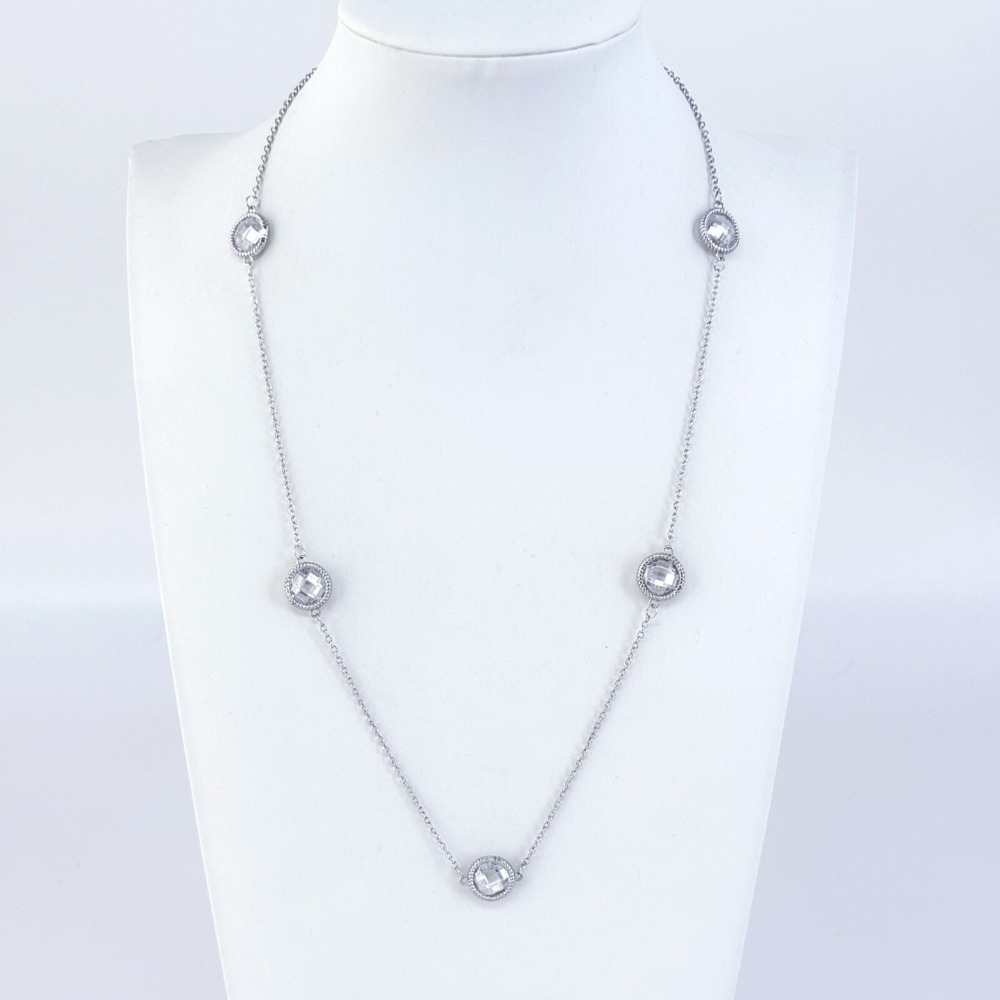 Vintage Sterling Silver 925 Cubic Zirconia Station Necklace 17”-19”